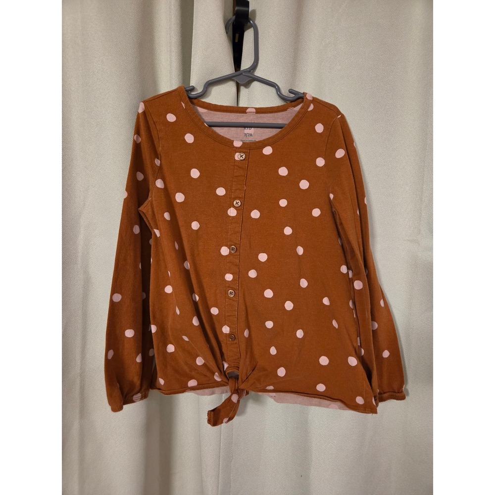 Carters Kid Girls Rust Brown Pink Polka Dot Tie Front Long Sleeve Top Size 7/7A